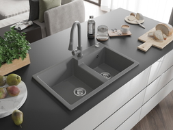 Mexen Tomas 2-bowl granite kitchen sink with Elia kitchen faucet, gray - 6516-71-670101-71