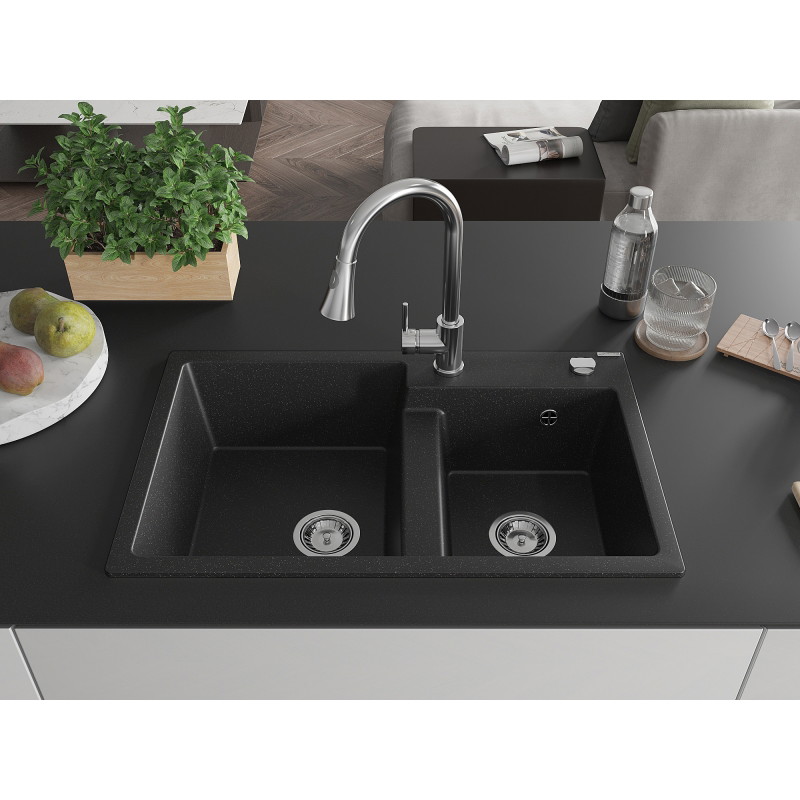 Mexen Tomas 2-bowl granite kitchen sink with Elia faucet, black/silver metallic - 6516-73-670101-00