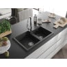 Mexen Tomas granite sink 2-bowl with Elia kitchen tap, black/silver metallic - 6516-73-670101-00