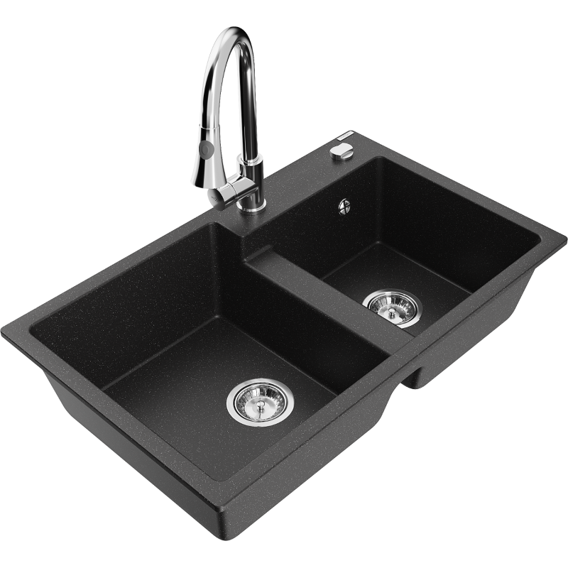 Mexen Tomas 2-compartment granite sink with a kitchen mixer tap Elia, Black/Silver metallic - 6516-73-670101-00