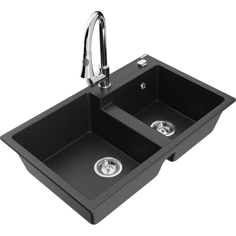 Mexen Tomas granite sink 2-bowl with Elia kitchen tap, black/silver metallic - 6516-73-670101-00
