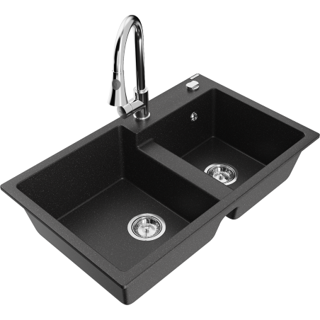 Mexen Tomas 2-bowl granite kitchen sink with Elia faucet, black/silver metallic - 6516-73-670101-00