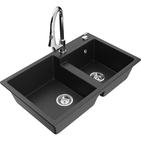 Mexen Tomas granite sink 2-bowl with Elia kitchen tap, black/silver metallic - 6516-73-670101-00