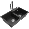 Mexen Tomas granite sink 2-chamber with Elia kitchen faucet, black/silver metallic - 6516-73-670101-00