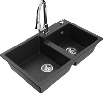 Mexen Tomas granite sink 2-chamber with Elia kitchen faucet, black/silver metallic - 6516-73-670101-00