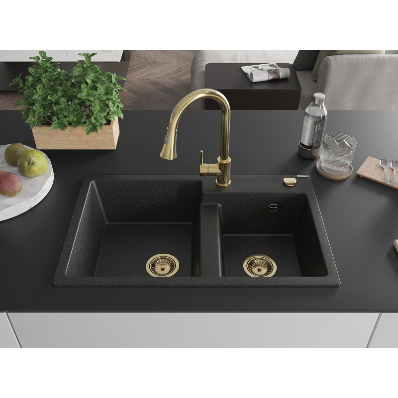 Mexen Tomas 2-bowl granite kitchen sink with Elia faucet, black/silver metallic - 6516-73-670101-50