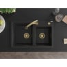Mexen Tomas granite sink 2-bowl with Elia kitchen tap, black/silver metallic - 6516-73-670101-50