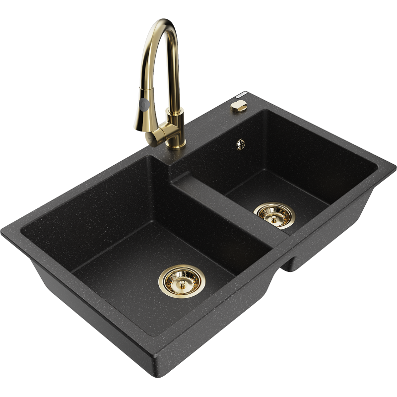 Mexen Tomas granite sink 2-bowl with Elia kitchen tap, black/silver metallic - 6516-73-670101-50