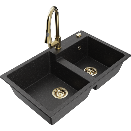 Mexen Tomas 2-bowl granite kitchen sink with Elia faucet, black/silver metallic - 6516-73-670101-50