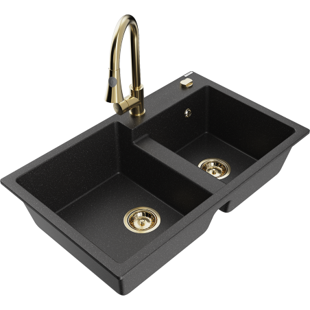Mexen Tomas granite sink 2-bowl with Elia kitchen tap, black/silver metallic - 6516-73-670101-50