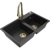 Mexen Tomas granite double-bowl sink with Elia kitchen faucet, black/silver metallic - 6516-73-670101-50