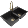 Mexen Tomas granite sink 2-bowl with Elia kitchen tap, black/silver metallic - 6516-73-670101-50