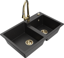 Mexen Tomas granite sink 2-bowl with Elia kitchen tap, black/silver metallic - 6516-73-670101-50
