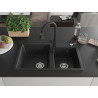 Mexen Tomas granite double-bowl kitchen sink with Elia faucet, black/silver metallic - 6516-73-670101-70
