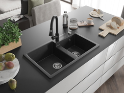 Mexen Tomas granite double-bowl kitchen sink with Elia faucet, black/silver metallic - 6516-73-670101-70