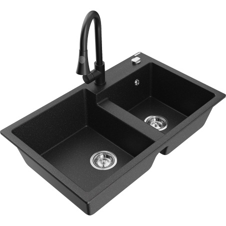 Mexen Tomas 2-bowl granite sink with kitchen faucet Elia, black/silver metallic - 6516-73-670101-70