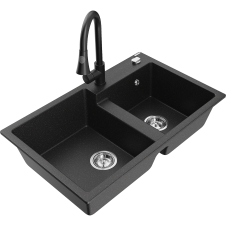 Mexen Tomas granite sink 2-bowl with Elia kitchen tap, black/silver metallic - 6516-73-670101-70