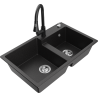 Mexen Tomas 2-bowl granite sink with kitchen faucet Elia, black/silver metallic - 6516-73-670101-70