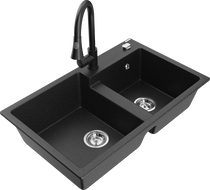 Mexen Tomas 2-bowl granite sink with kitchen faucet Elia, black/silver metallic - 6516-73-670101-70