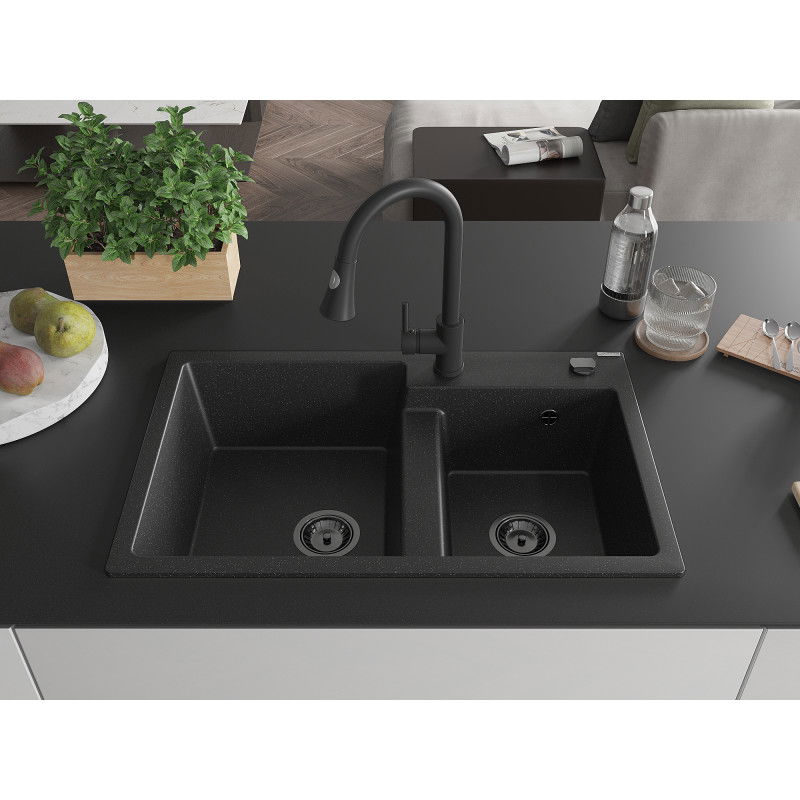 Mexen Tomas granite sink 2-bowl with Elia kitchen tap, black/silver metallic - 6516-73-670101-70-B
