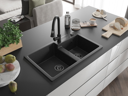 Mexen Tomas granite sink 2-bowl with Elia kitchen tap, black/silver metallic - 6516-73-670101-70-B