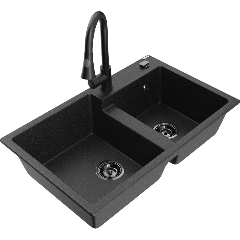 Mexen Tomas granite kitchen sink 2-chamber with Elia kitchen faucet, black/silver metallic - 6516-73-670101-70-B