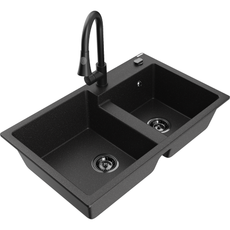 Mexen Tomas granite kitchen sink 2-chamber with Elia kitchen faucet, black/silver metallic - 6516-73-670101-70-B