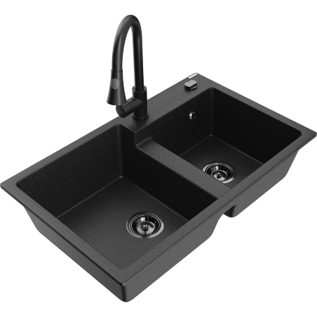 Mexen Tomas granite sink 2-bowl with Elia kitchen tap, black/silver metallic - 6516-73-670101-70-B