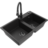 Mexen Tomas 2-bowl granite sink with Elia kitchen faucet, black/silver metallic - 6516-73-670101-70-B