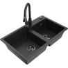 Mexen Tomas granite sink 2-bowl with Elia kitchen tap, black/silver metallic - 6516-73-670101-70-B
