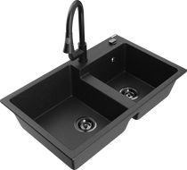 Mexen Tomas granite sink 2-bowl with Elia kitchen tap, black/silver metallic - 6516-73-670101-70-B