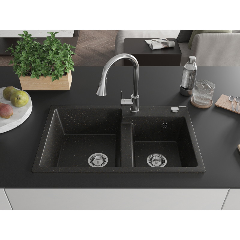 Mexen Tomas granite double-bowl sink with Elia kitchen faucet, black/golden metallic - 6516-75-670101-00