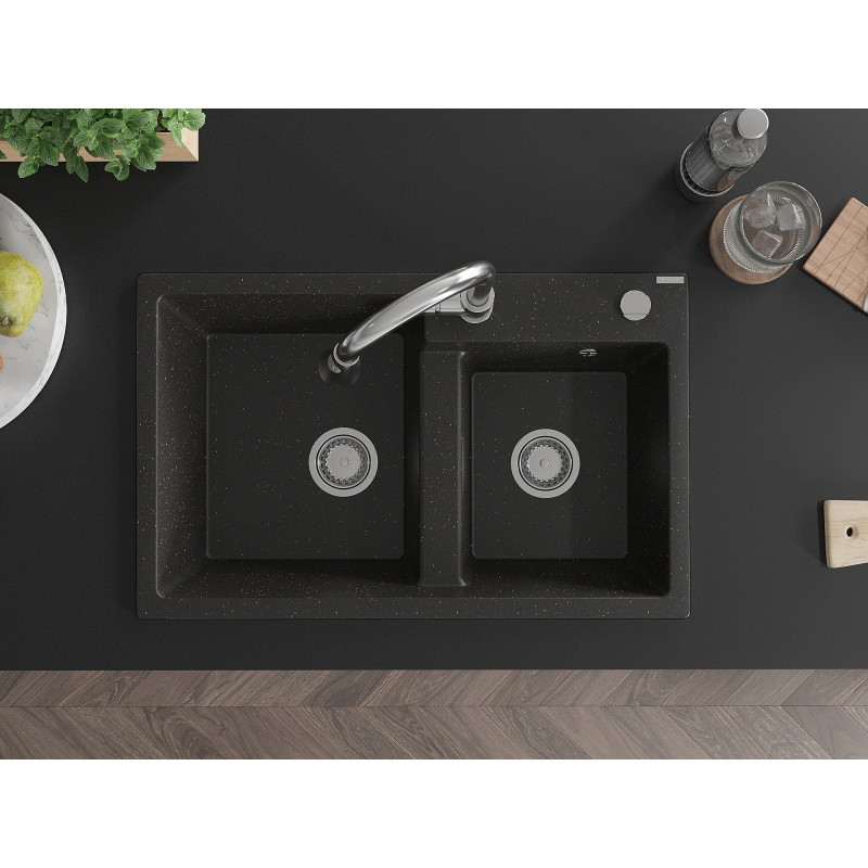 Mexen Tomas granite double-bowl sink with Elia kitchen faucet, black/golden metallic - 6516-75-670101-00