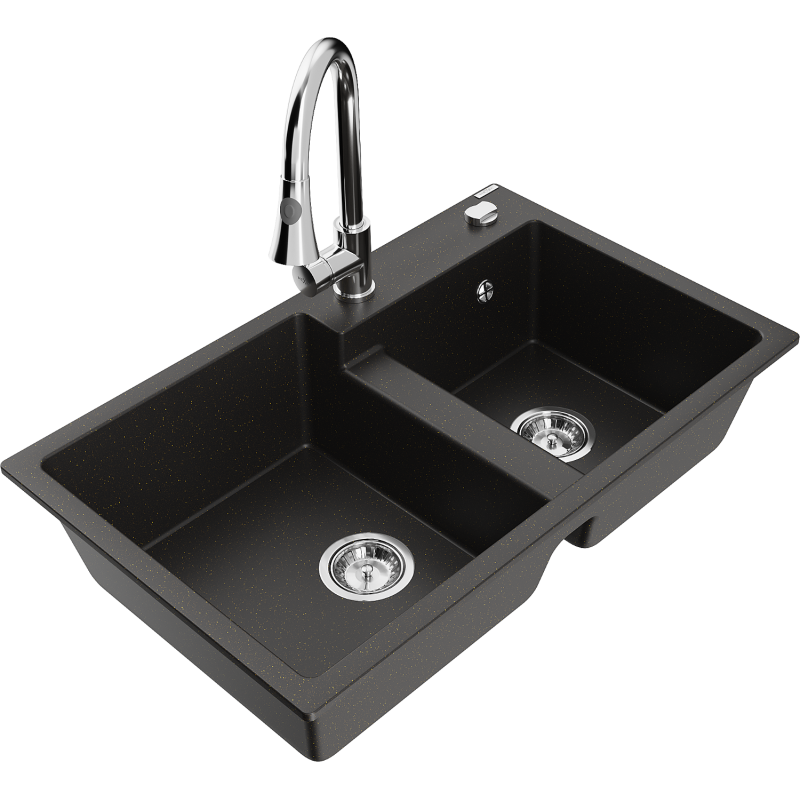 Mexen Tomas 2-compartment granite sink with a kitchen mixer tap Elia, Black/Gold metallic - 6516-75-670101-00