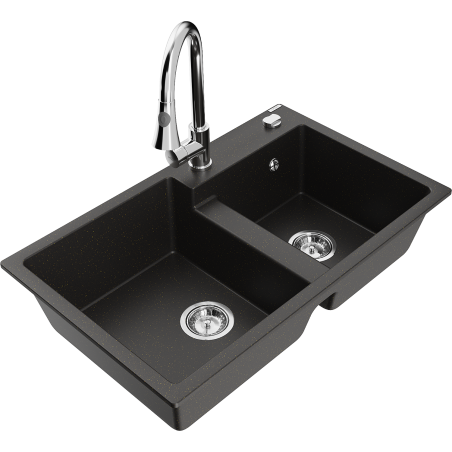 Mexen Tomas granite double-bowl sink with Elia kitchen faucet, black/golden metallic - 6516-75-670101-00