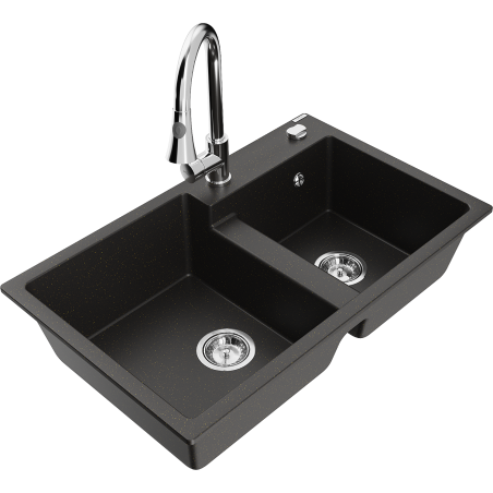 Mexen Tomas granite sink 2-bowl with Elia kitchen tap, black/gold metallic - 6516-75-670101-00