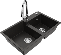Mexen Tomas granite sink 2-bowl with Elia kitchen tap, black/gold metallic - 6516-75-670101-00