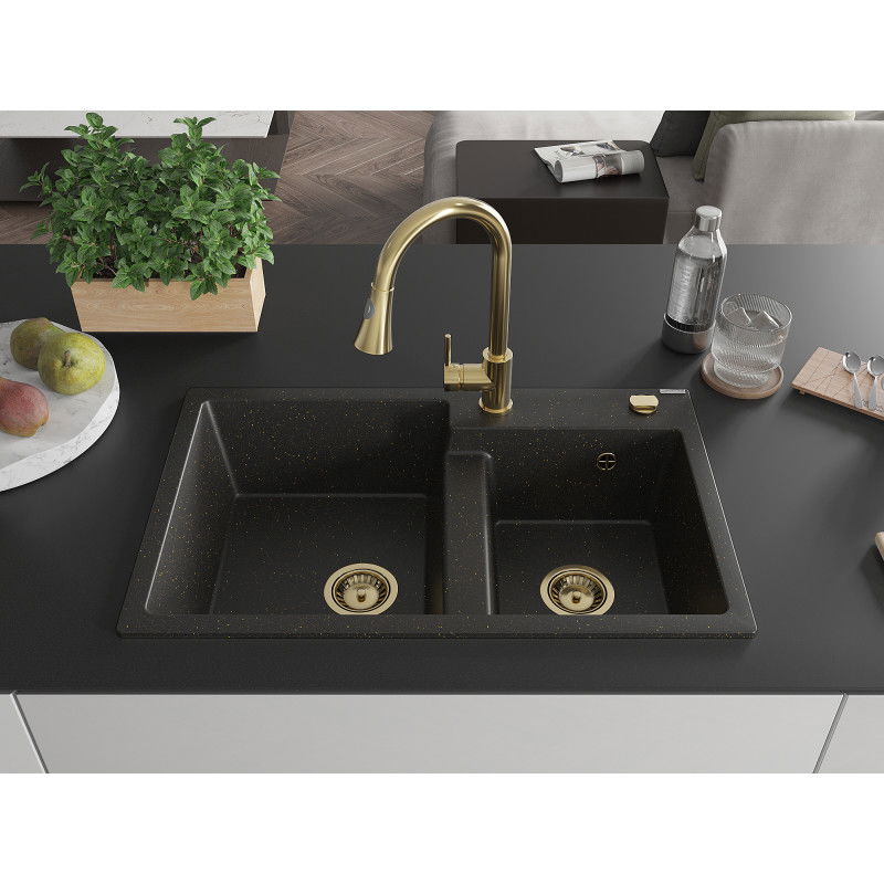 Mexen Tomas granite sink 2-bowl with kitchen tap Elia, black/gold metallic - 6516-75-670101-50