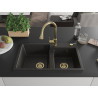 Mexen Tomas granite 2-bowl sink with Elia kitchen faucet, black/gold metallic - 6516-75-670101-50