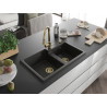 Mexen Tomas granite double-bowl sink with Elia kitchen faucet, black/gold metallic - 6516-75-670101-50