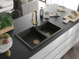 Mexen Tomas 2-compartment granite sink with a kitchen mixer tap Elia, Black/Gold metallic - 6516-75-670101-50