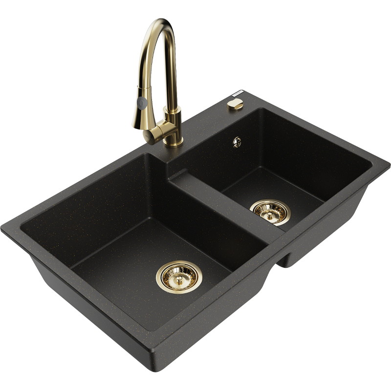 Mexen Tomas granite double-bowl sink with Elia kitchen faucet, black/gold metallic - 6516-75-670101-50