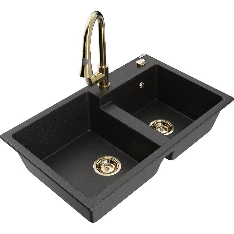Mexen Tomas granite sink 2-bowl with kitchen tap Elia, black/gold metallic - 6516-75-670101-50
