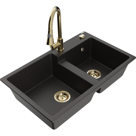 Mexen Tomas granite sink 2-bowl with kitchen tap Elia, black/gold metallic - 6516-75-670101-50