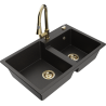 Mexen Tomas granite 2-bowl sink with Elia kitchen faucet, black/gold metallic - 6516-75-670101-50