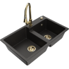 Mexen Tomas granite double-bowl sink with Elia kitchen faucet, black/gold metallic - 6516-75-670101-50