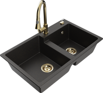 Mexen Tomas granite double-bowl sink with Elia kitchen faucet, black/gold metallic - 6516-75-670101-50