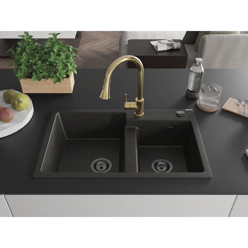 Mexen Tomas granite double bowl sink with kitchen faucet Elia, black/gold metallic - 6516-75-670101-50-B