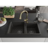 Mexen Tomas 2-bowl granite sink with Elia kitchen faucet, black/gold metallic - 6516-75-670101-50-B