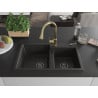 Mexen Tomas granite sink double-bowl with Elia kitchen tap, black/golden metallic - 6516-75-670101-50-B